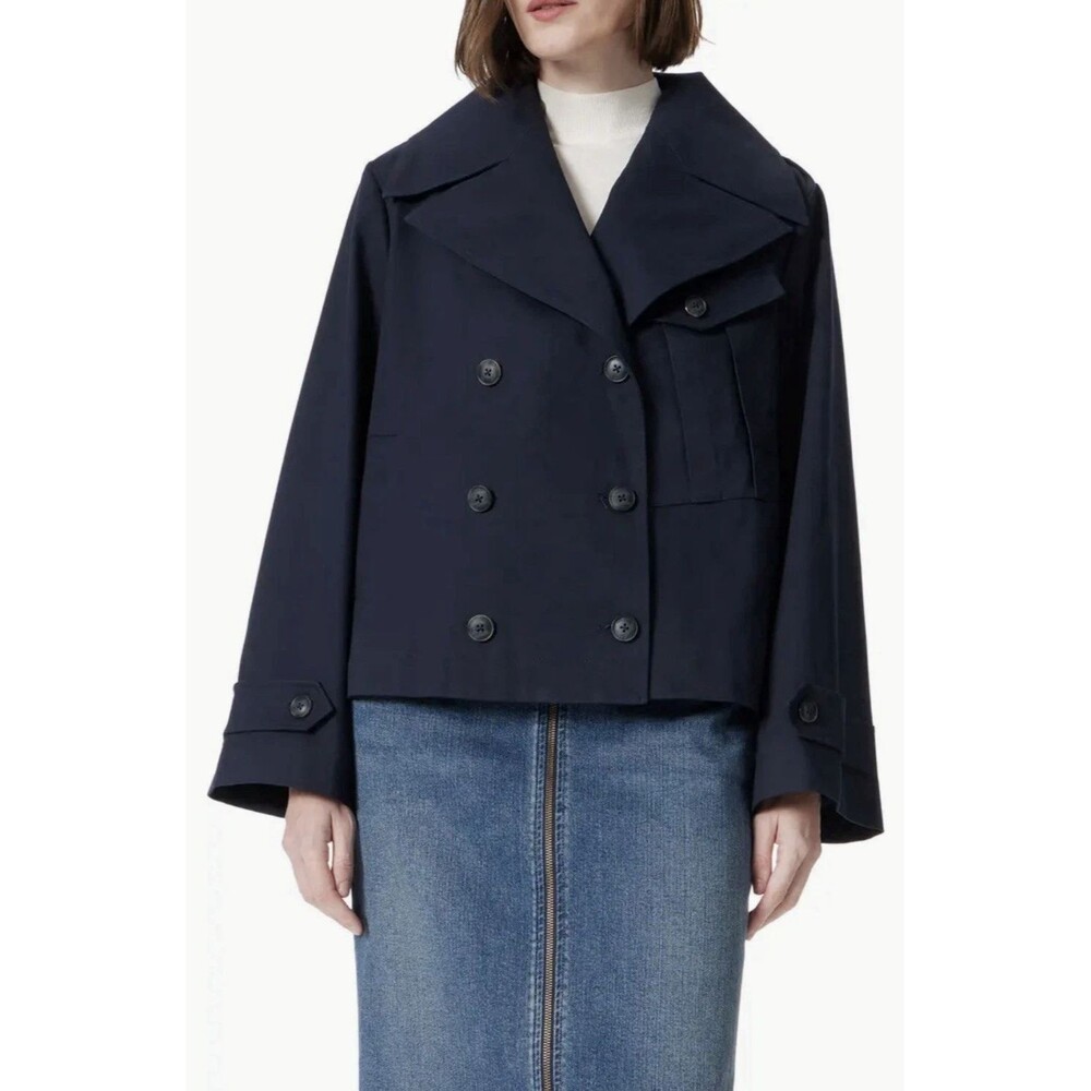 NWT  Dee Ocleppo Women’s Hallie Cropped Swing Trench Coat Navy Gray Size Large